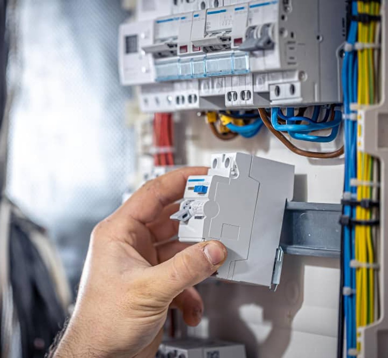 Electrician performing an energy efficiency audit during maintenance